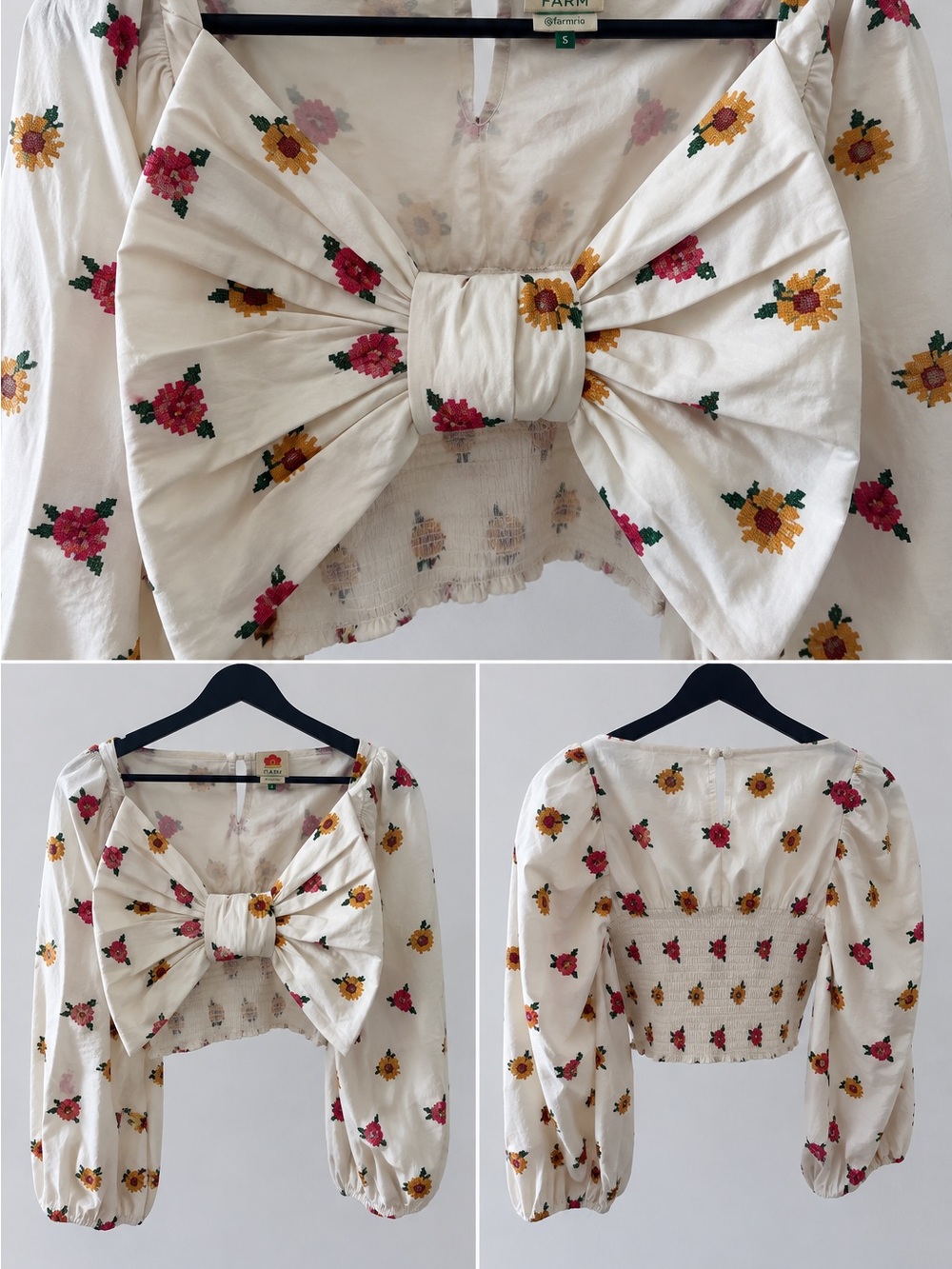 FARM Rio Floral Cross-Stitch Embroidered Bow Crop Top – S